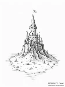 A sandcastle on a beach, with the tide coming... - эскиз тату (№1753979183_0, 31.07.2025 16:26) — Tatufoto.com