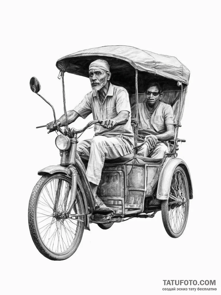 A shot of a rickshaw driver navigating a crow... - эскиз тату (№1753980370_0, 31.07.2025 16:46) — Tatufoto.com