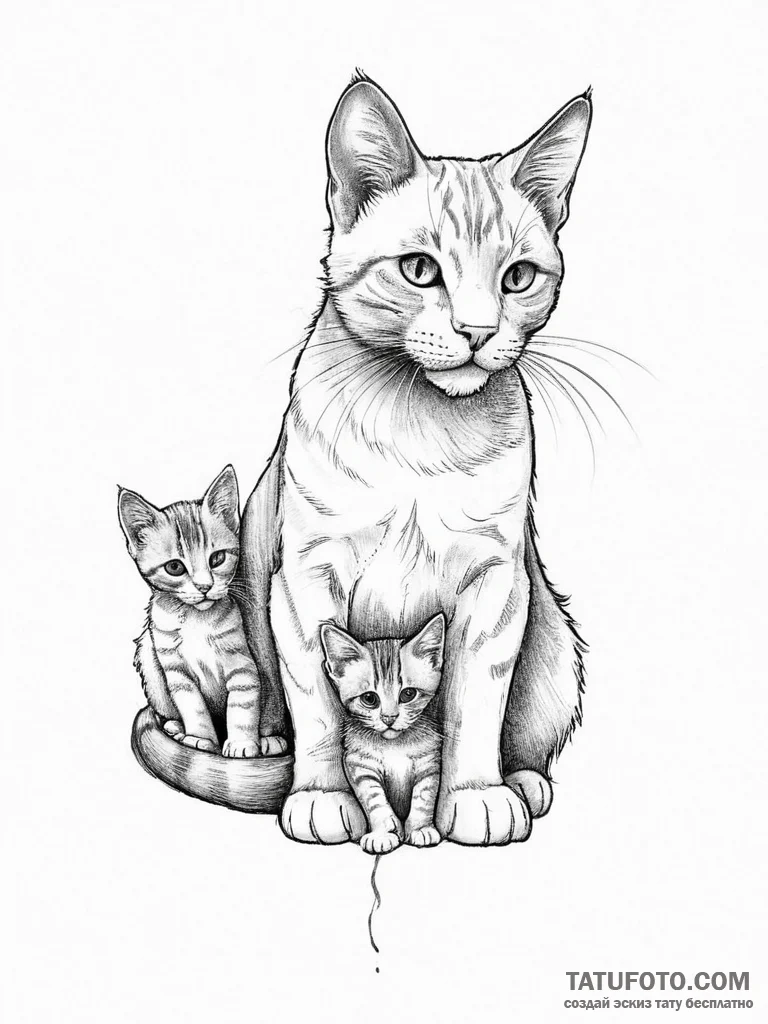 Tattoo design a mother cat with her kittens,... - эскиз тату (№1753984330_0, 31.07.2025 17:52) — Tatufoto.com