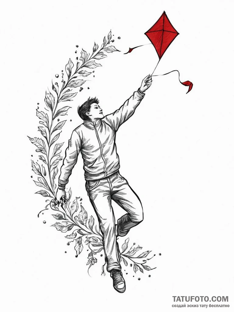 A person flying a kite on a windy day., tatto... - эскиз тату (№1753986964_0, 31.07.2025 18:36) — Tatufoto.com