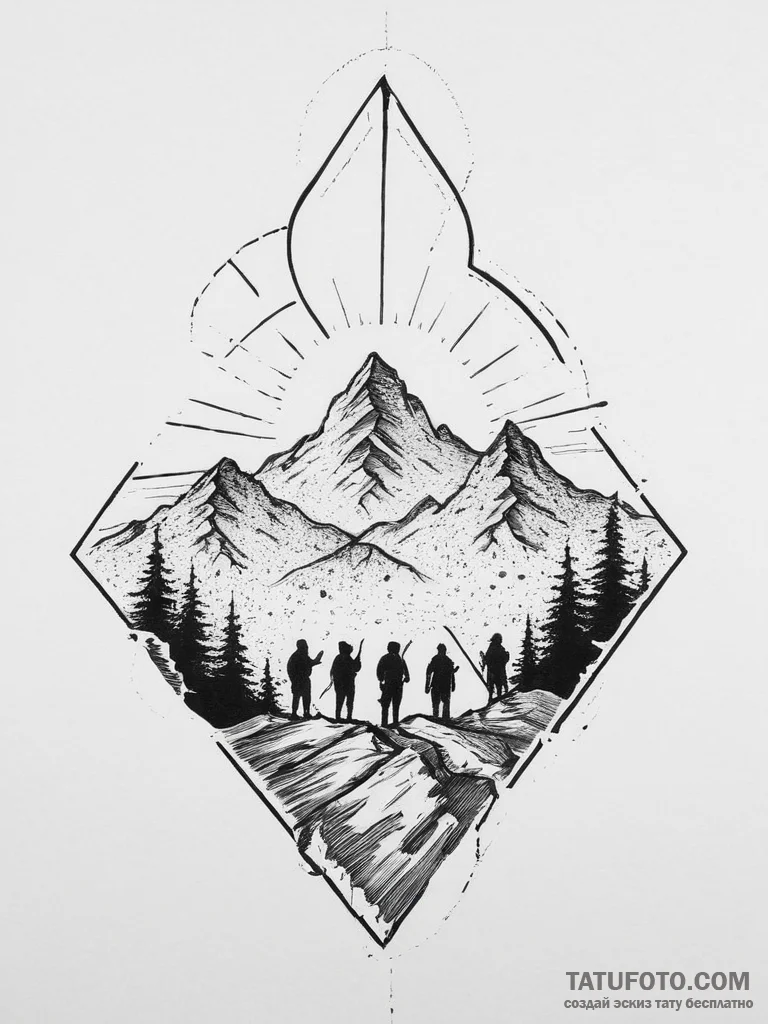 Tattoo sketch a group of adventurers silhouet... - эскиз тату (№1753988785_0, 31.07.2025 19:06) — Tatufoto.com