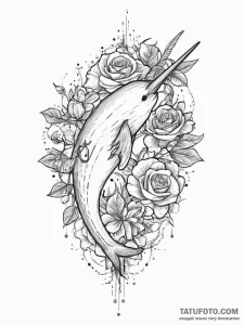 A narwhal, ink illustration for tattoo, fine... - эскиз тату (№1753998533_0, 31.07.2025 21:48) — Tatufoto.com