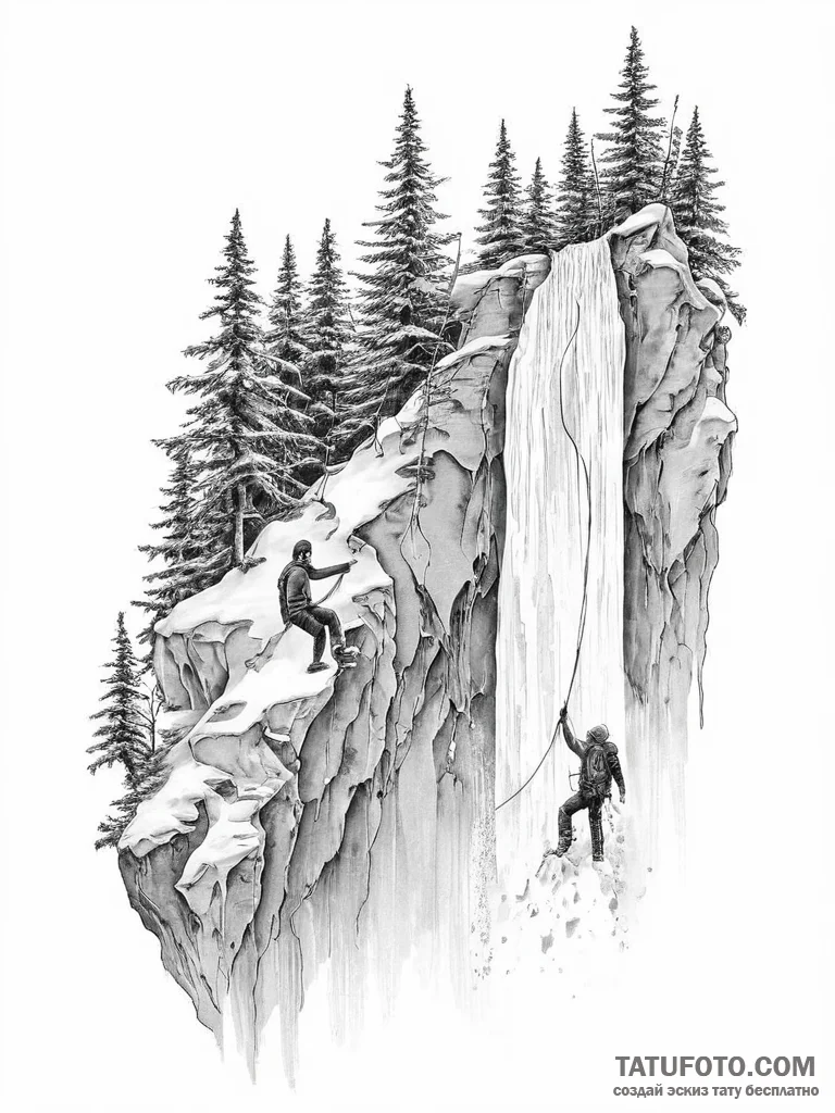 A person ice climbing up a frozen waterfall. - эскиз тату (№1754001110_0, 31.07.2025 22:31) — Tatufoto.com