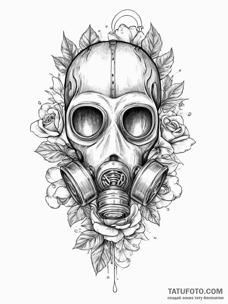 Gas mask with flowers growing from it, ink il... - эскиз тату (№1754003070_0, 31.07.2025 23:04) — Tatufoto.com