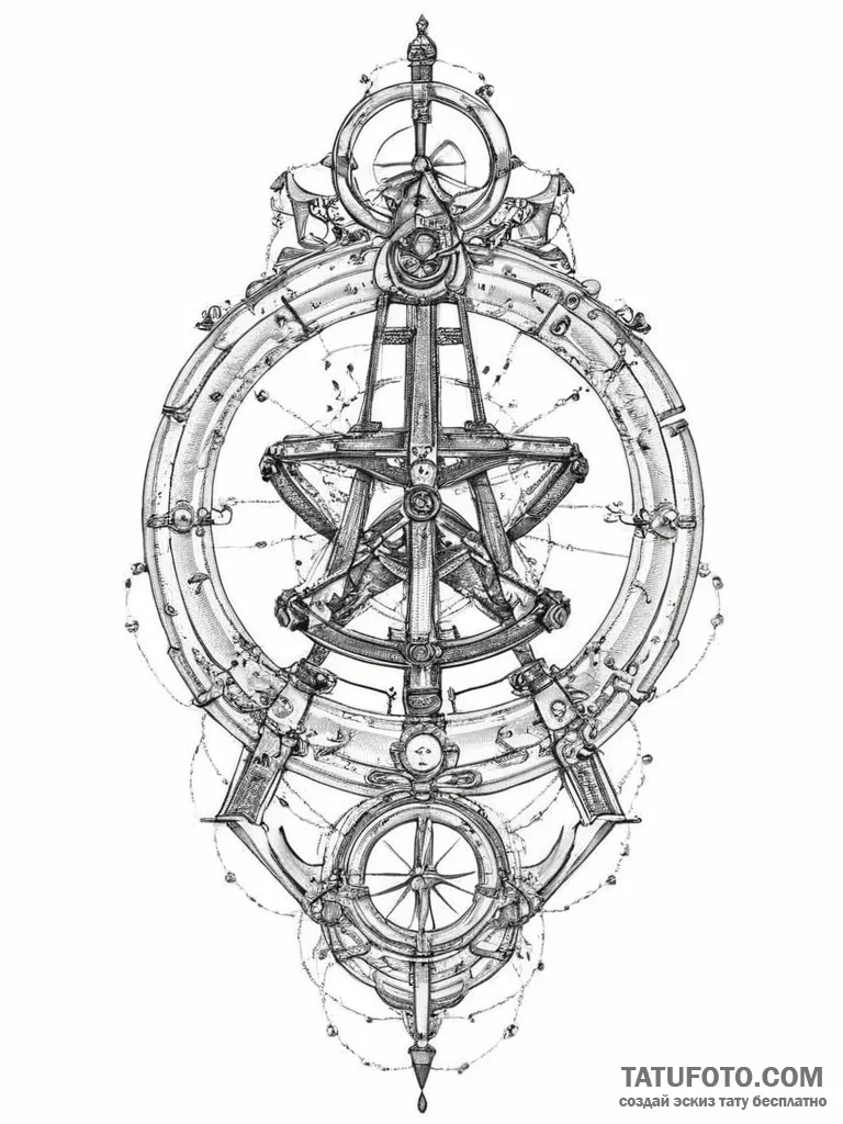 Sextant, tattoo line art, muted color palette... - эскиз тату (№1754007578_0, 01.08.2025 00:19) — Tatufoto.com