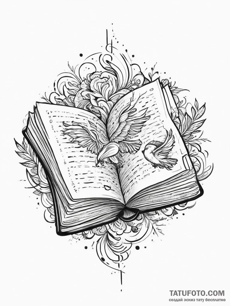 A book with pages turning into birds, tattoo... - эскиз тату (№1754007975_0, 01.08.2025 00:26) — Tatufoto.com