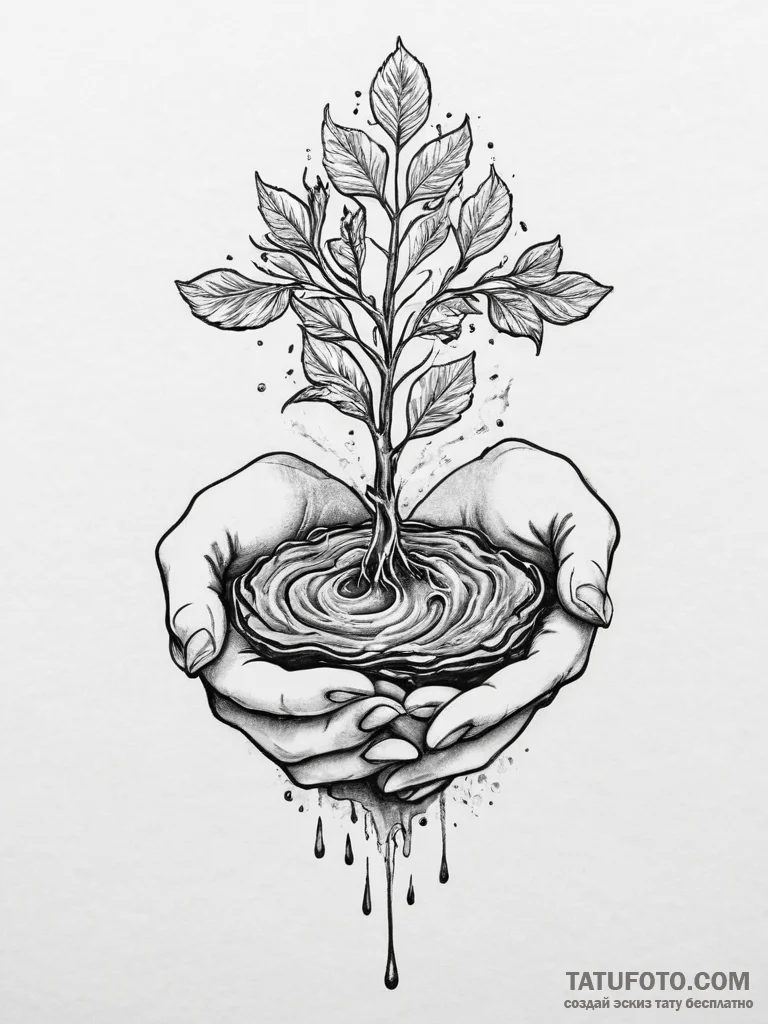 Tattoo sketch a small sapling being watered b... - эскиз тату (№1754012523_0, 01.08.2025 01:42) — Tatufoto.com
