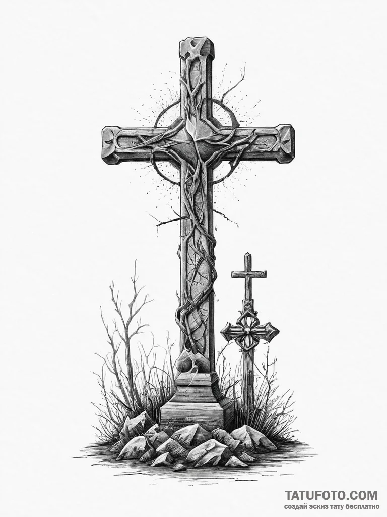 Tattoo sketch a stylized graveyard with a lon... - эскиз тату (№1754014297_0, 01.08.2025 02:11) — Tatufoto.com