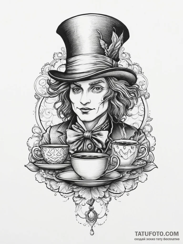 The mad hatter's tea party, tattoo sketch des... - эскиз тату (№1754015290_0, 01.08.2025 02:28) — Tatufoto.com