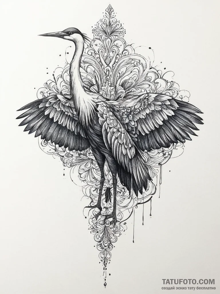 Crane, artistic tattoo sketch, detailed cross... - эскиз тату (№1754015690_0, 01.08.2025 02:34) — Tatufoto.com