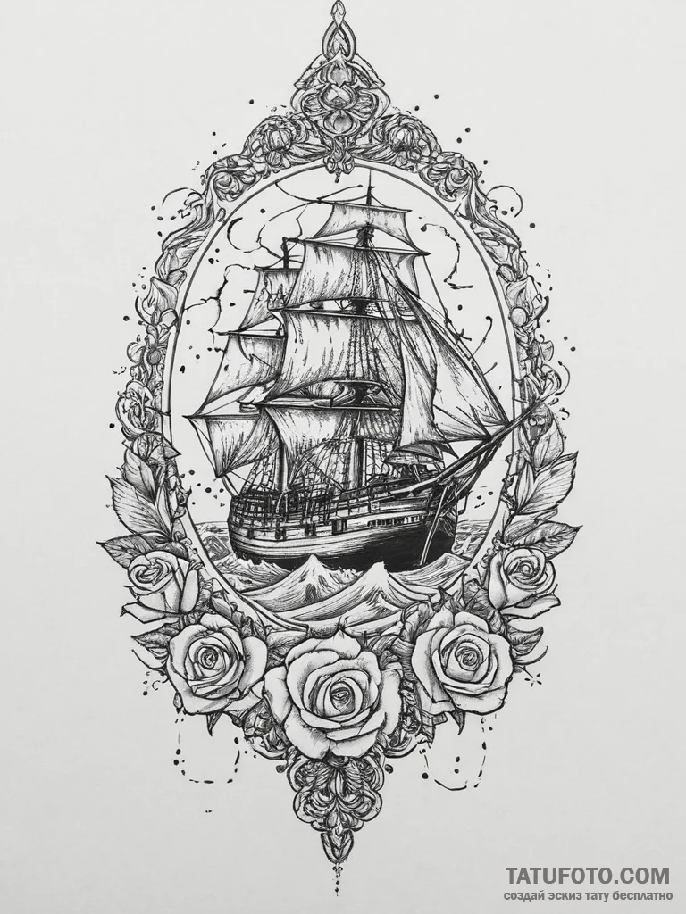 Tattoo sketch a ship sailing into a powerful... - эскиз тату (№1754017278_0, 01.08.2025 03:01) — Tatufoto.com