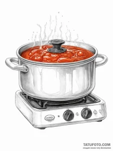 A close-up of a bubbling pot of tomato sauce… — эскиз тату (№1754023422_0, 01.08.2025 04:43) — Tatufoto.com