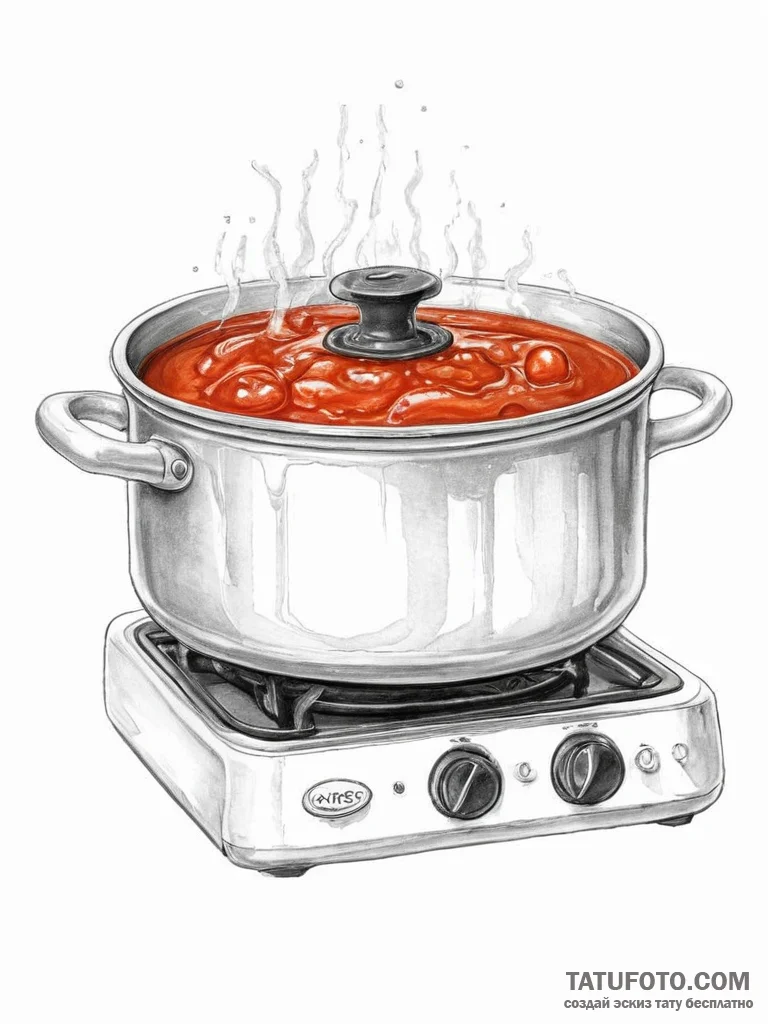 A close-up of a bubbling pot of tomato sauce... - эскиз тату (№1754023422_0, 01.08.2025 04:43) — Tatufoto.com