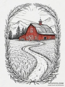 A classic red barn in a field of golden wheat… — эскиз тату (№1754025799_0, 01.08.2025 05:23) — Tatufoto.com