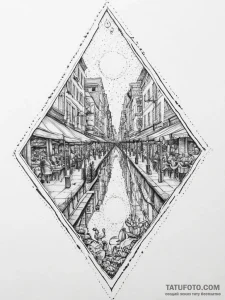 Tattoo design a vibrant market street from a... - эскиз тату (№1754029366_0, 01.08.2025 06:22) — Tatufoto.com
