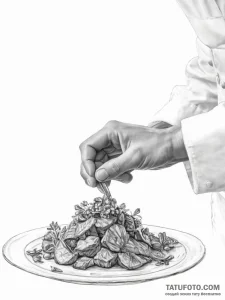 Close-up shot of a chef's hands carefully gar... - эскиз тату (№1754031348_0, 01.08.2025 06:55) — Tatufoto.com