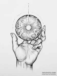 Tattoo design a hand holding a glowing orb of... - эскиз тату (№1754039484_0, 01.08.2025 09:11) — Tatufoto.com