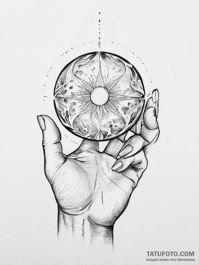 Tattoo design a hand holding a glowing orb of... - эскиз тату (№1754039484_0, 01.08.2025 09:11) — Tatufoto.com