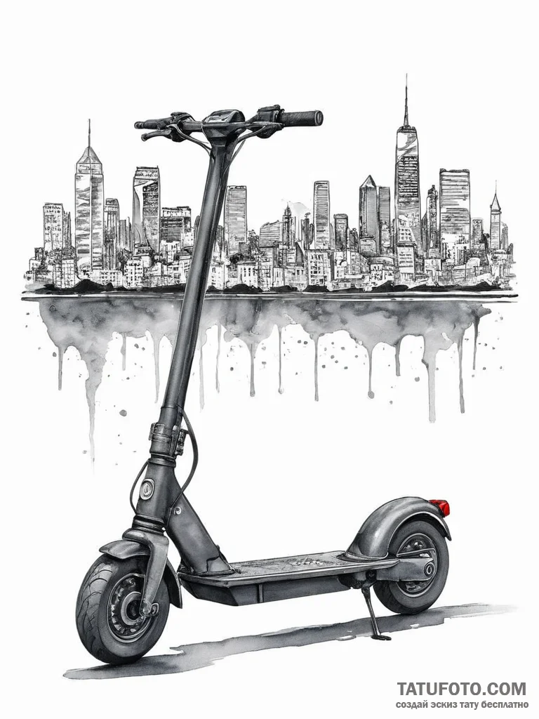 A modern, electric scooter parked on a city s... - эскиз тату (№1754040681_0, 01.08.2025 09:31) — Tatufoto.com
