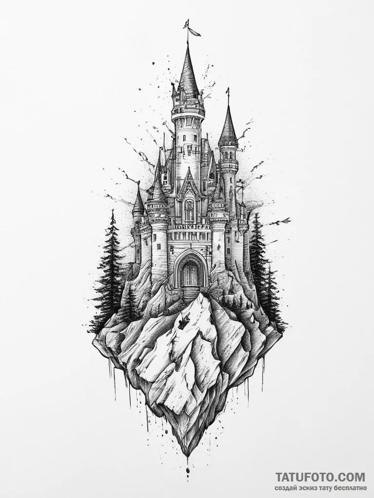 Tattoo design a shadowy castle on a hill unde... - эскиз тату (№1754042321_0, 01.08.2025 09:58) — Tatufoto.com
