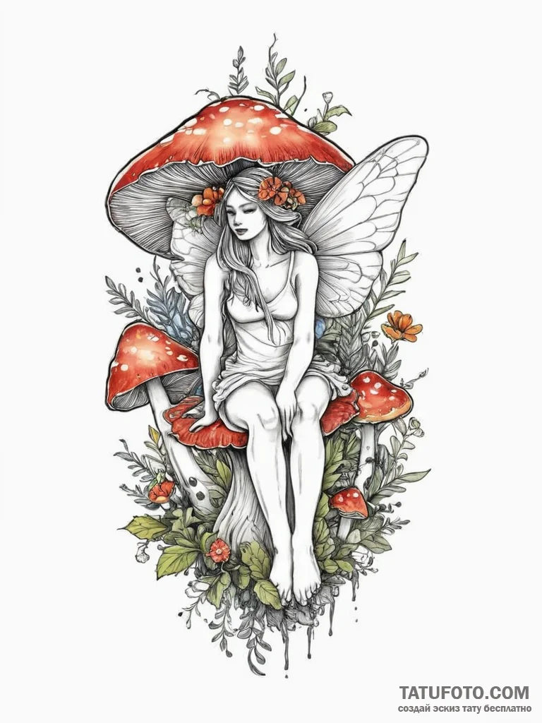 Fairy sitting on a mushroom, tattoo flash she... - эскиз тату (№1754042938_0, 01.08.2025 10:08) — Tatufoto.com