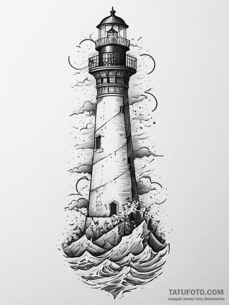 Tattoo sketch a lighthouse standing strong ag... - эскиз тату (№1754043955_0, 01.08.2025 10:25) — Tatufoto.com