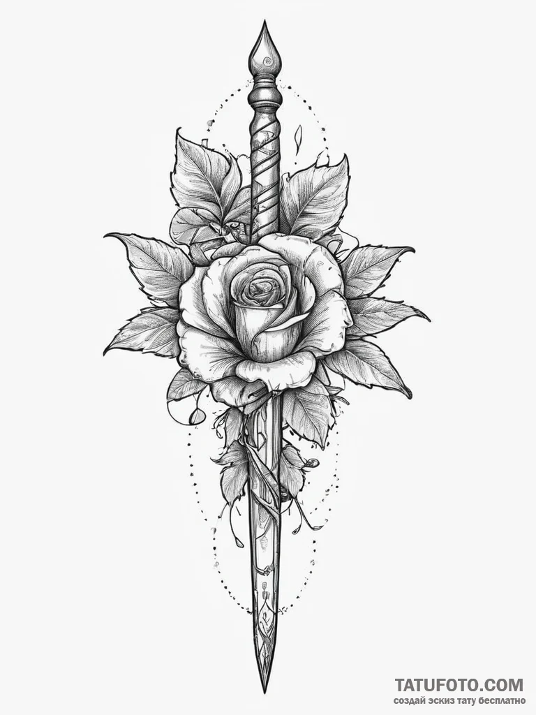 Dagger and rose, artistic tattoo sketch, dotw... - эскиз тату (№1754047021_0, 01.08.2025 11:17) — Tatufoto.com