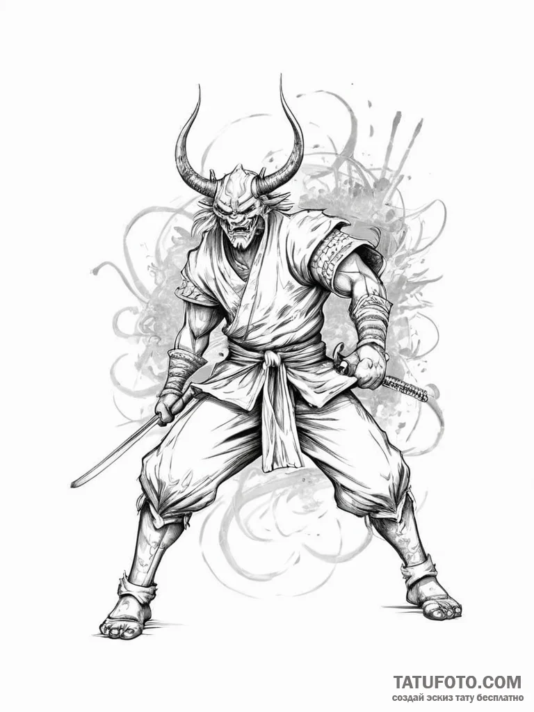 Samurai fighting an oni - эскиз тату (№1754048850_0, 01.08.2025 11:47) — Tatufoto.com