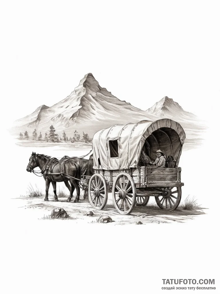 A sepia-toned photograph of pioneers with a c... - эскиз тату (№1754052720_0, 01.08.2025 12:52) — Tatufoto.com