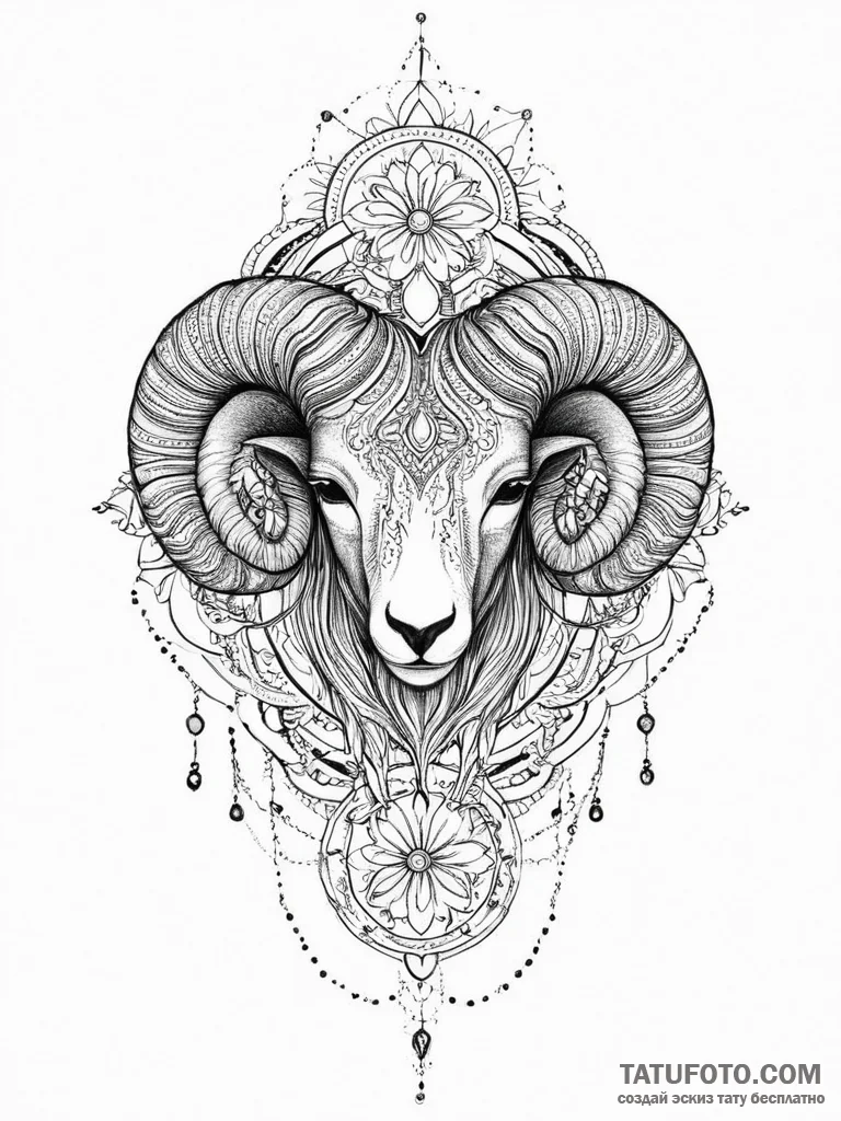 Tattoo sketch an aries ram's head in intricat... - эскиз тату (№1754055360_0, 01.08.2025 13:36) — Tatufoto.com
