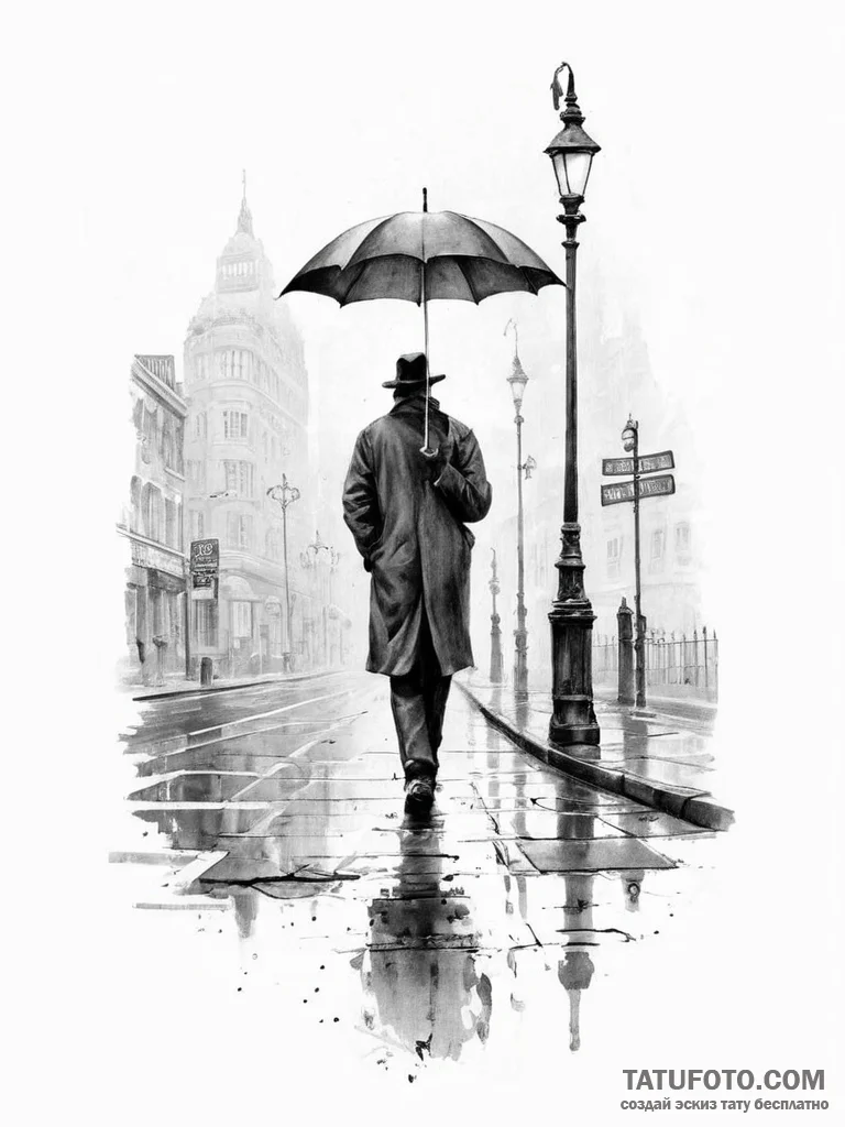 A lone figure with an umbrella walking down a... - эскиз тату (№1754056366_0, 01.08.2025 13:52) — Tatufoto.com