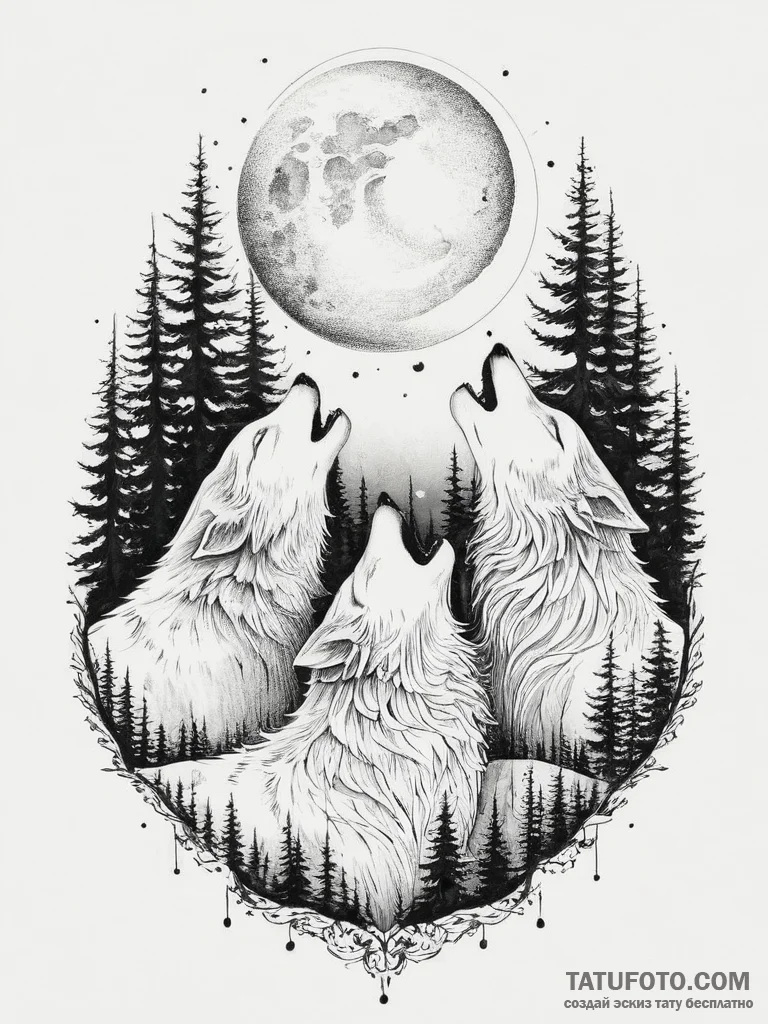 Tattoo design a wolf pack howling together un... - эскиз тату (№1754057193_0, 01.08.2025 14:06) — Tatufoto.com
