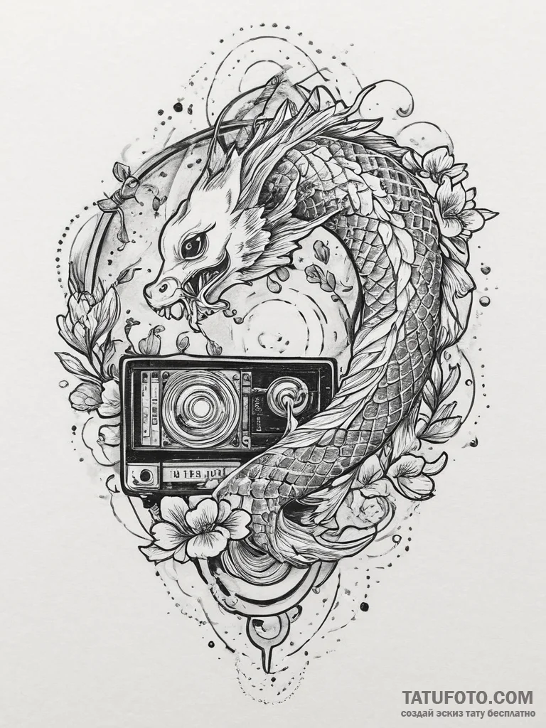 Reel-to-reel tape player, tattoo sketch desig... - эскиз тату (№1754057399_0, 01.08.2025 14:09) — Tatufoto.com