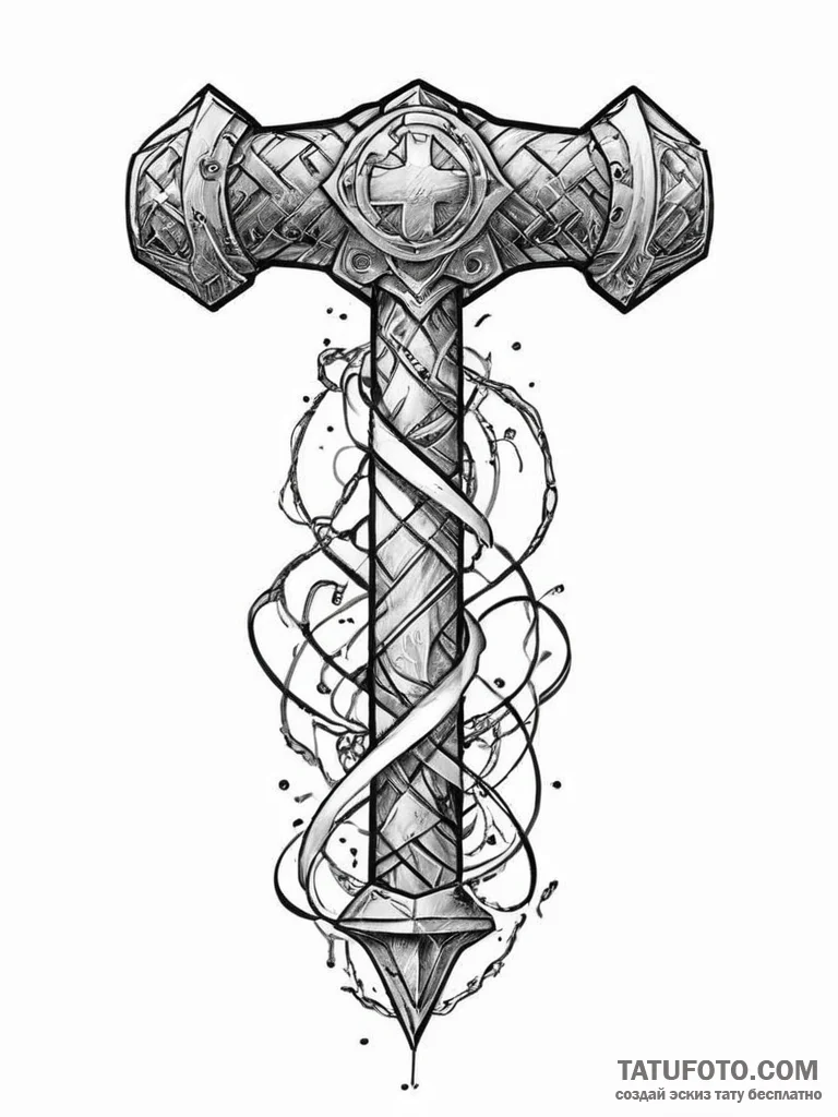 Thor's hammer, tattoo drawing outline, black... - эскиз тату (№1754057801_0, 01.08.2025 14:16) — Tatufoto.com