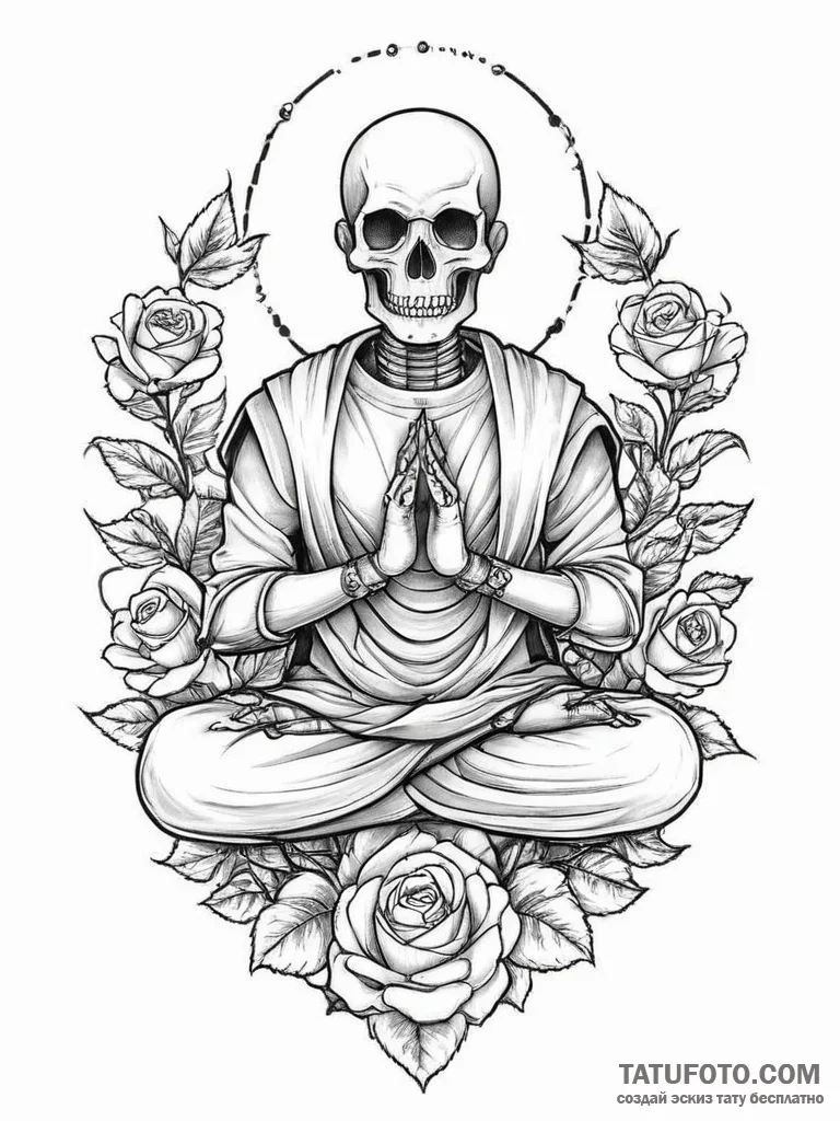 A robot monk in meditation, tattoo line art,... - эскиз тату (№1754059035_0, 01.08.2025 14:37) — Tatufoto.com
