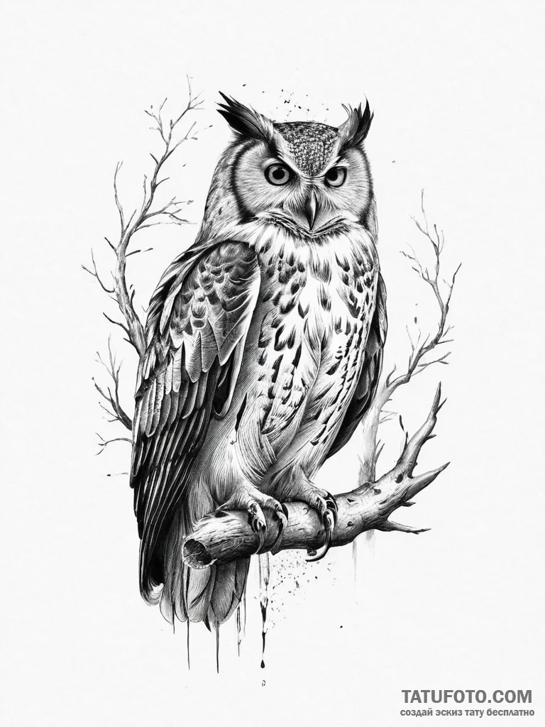 Tattoo design a stylized raven or owl watchin... - эскиз тату (№1754059631_0, 01.08.2025 14:47) — Tatufoto.com