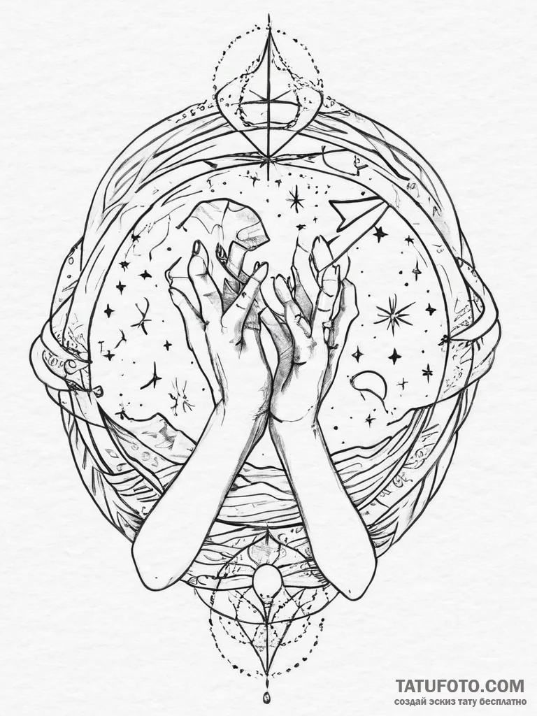 Tattoo sketch: a stylized woman's hands weavi... - эскиз тату (№1754062262_0, 01.08.2025 15:31) — Tatufoto.com