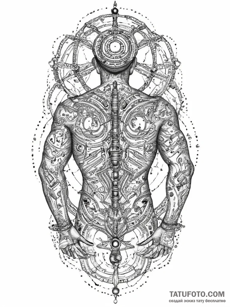 Circuit board pattern on a human back, tattoo... - эскиз тату (№1754062876_0, 01.08.2025 15:41) — Tatufoto.com