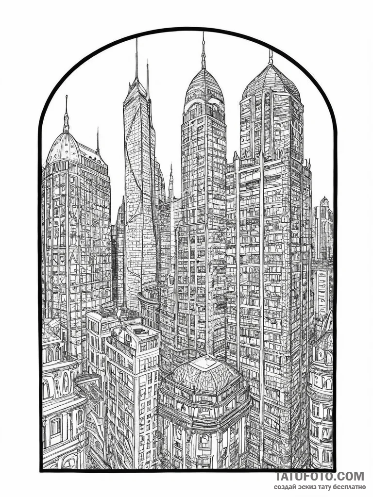 Reflections of a city skyline in the glass fa... - эскиз тату (№1754069236_0, 01.08.2025 17:27) — Tatufoto.com