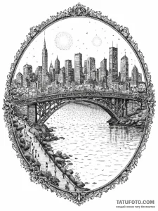 A view of a city skyline from across a river,... - эскиз тату (№1754069444_0, 01.08.2025 17:30) — Tatufoto.com