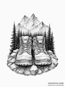 A shot of someone's feet in worn hiking boots... - эскиз тату (№1754074695_0, 01.08.2025 18:58) — Tatufoto.com