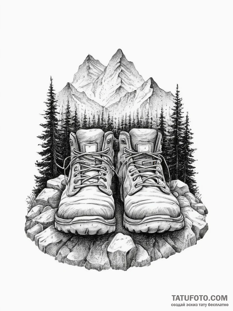 A shot of someone's feet in worn hiking boots... - эскиз тату (№1754074695_0, 01.08.2025 18:58) — Tatufoto.com