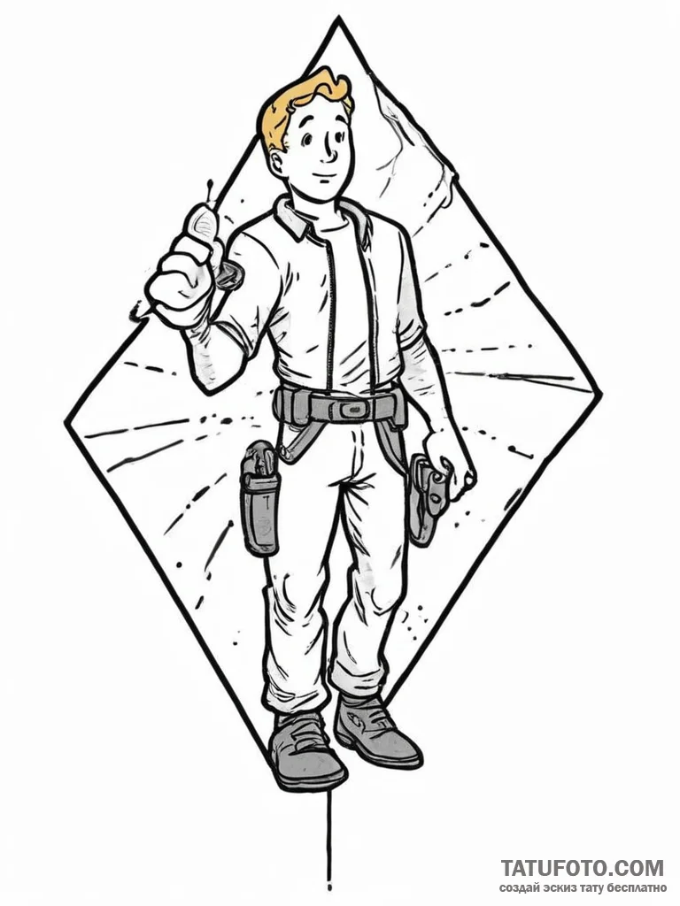 Vault boy (from fallout), tattoo line art, on... - эскиз тату (№1754074901_0, 01.08.2025 19:01) — Tatufoto.com