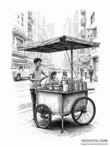 A street food vendor serving noodles from a c... - эскиз тату (№1754081147_0, 01.08.2025 20:45) — Tatufoto.com