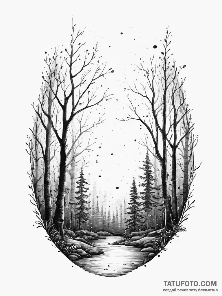 Tattoo sketch an ethereal forest scene with g... - эскиз тату (№1754221498_0, 03.08.2025 11:44) — Tatufoto.com