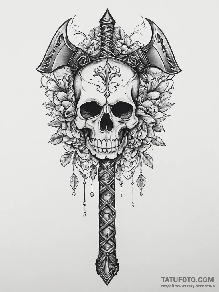 Tattoo sketch a barbarian's axe with a skull... - эскиз тату (№1754224705_0, 03.08.2025 12:38) — Tatufoto.com