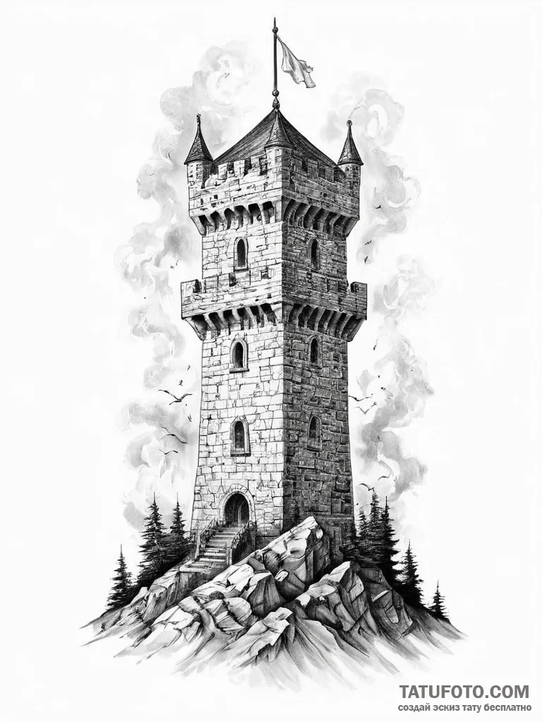 Tattoo sketch a sturdy castle tower standing... - эскиз тату (№1754226332_0, 03.08.2025 13:05) — Tatufoto.com