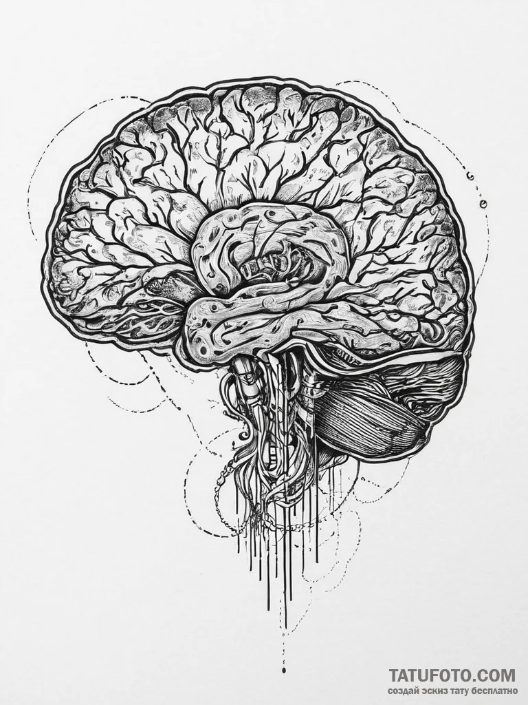 Tattoo design a human brain with integrated c... - эскиз тату (№1754227939_0, 03.08.2025 13:32) — Tatufoto.com