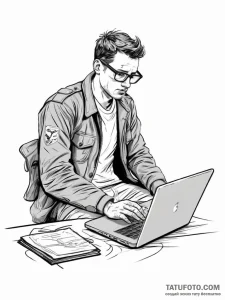 A journalist in a flak jacket, typing on a la... - эскиз тату (№1754229741_0, 03.08.2025 14:02) — Tatufoto.com