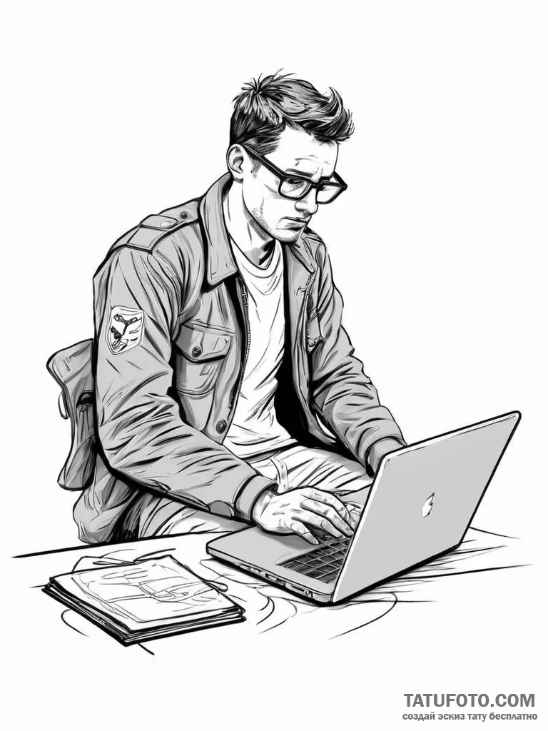A journalist in a flak jacket, typing on a la... - эскиз тату (№1754229741_0, 03.08.2025 14:02) — Tatufoto.com